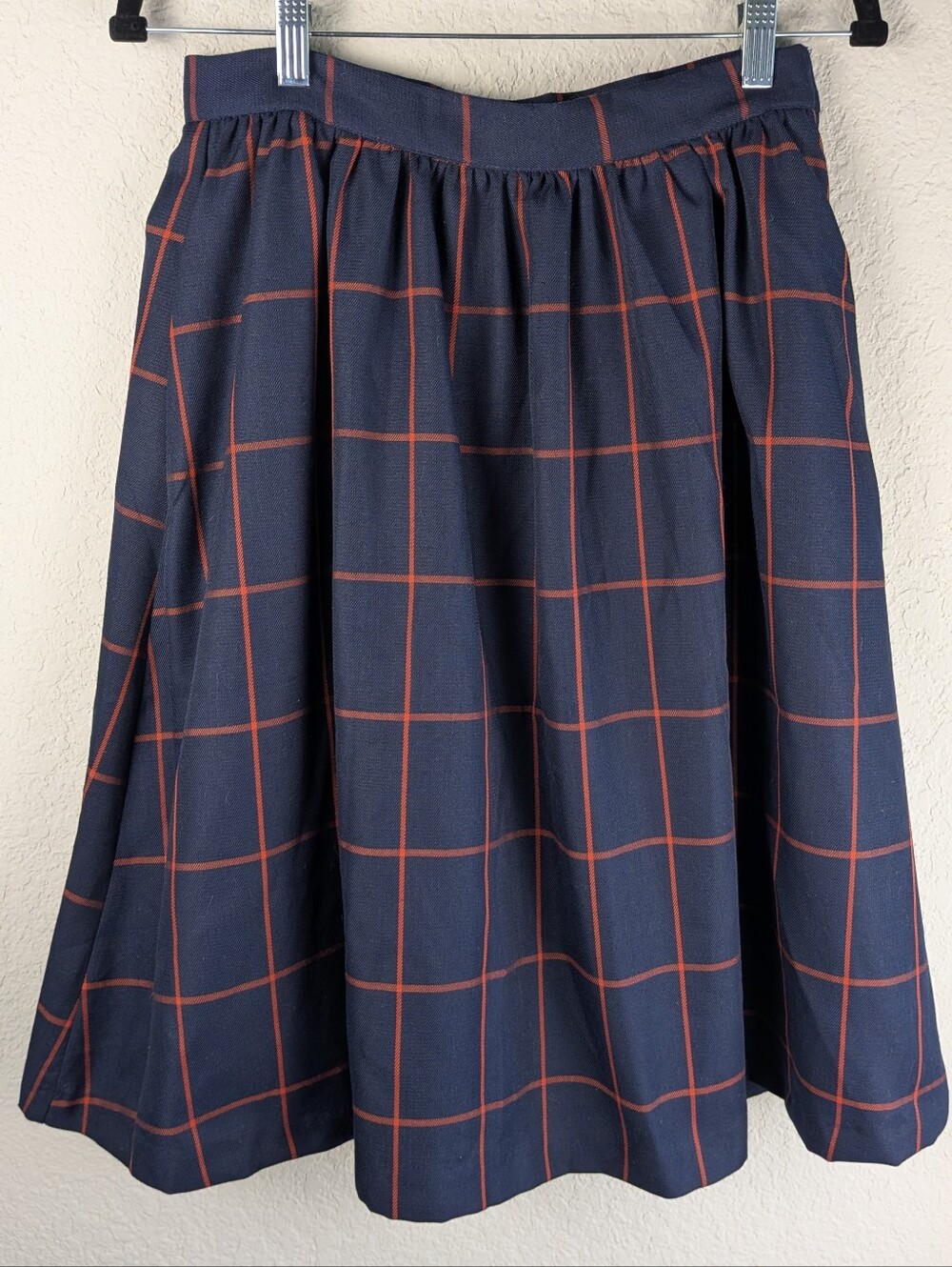Modcloth Plaid A-Line Skirt Size M Navy Red Lined Pockets Retro Rockabilly Work